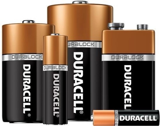 Five Duracell batteries standing next to each other