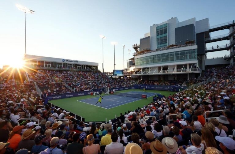 A large crowd watches a tennis match