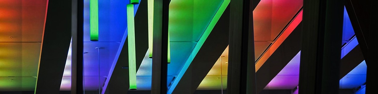 Griffin hall's multicolored panels lit up