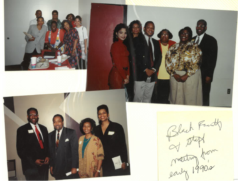 Three photos of students gathered at BFSA meetings from the 1990's