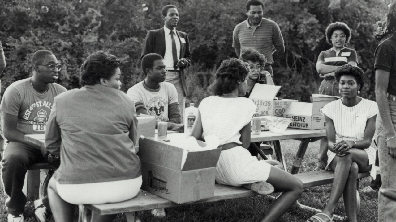 Image from a 1983 welcome back cookout by the Black United Students