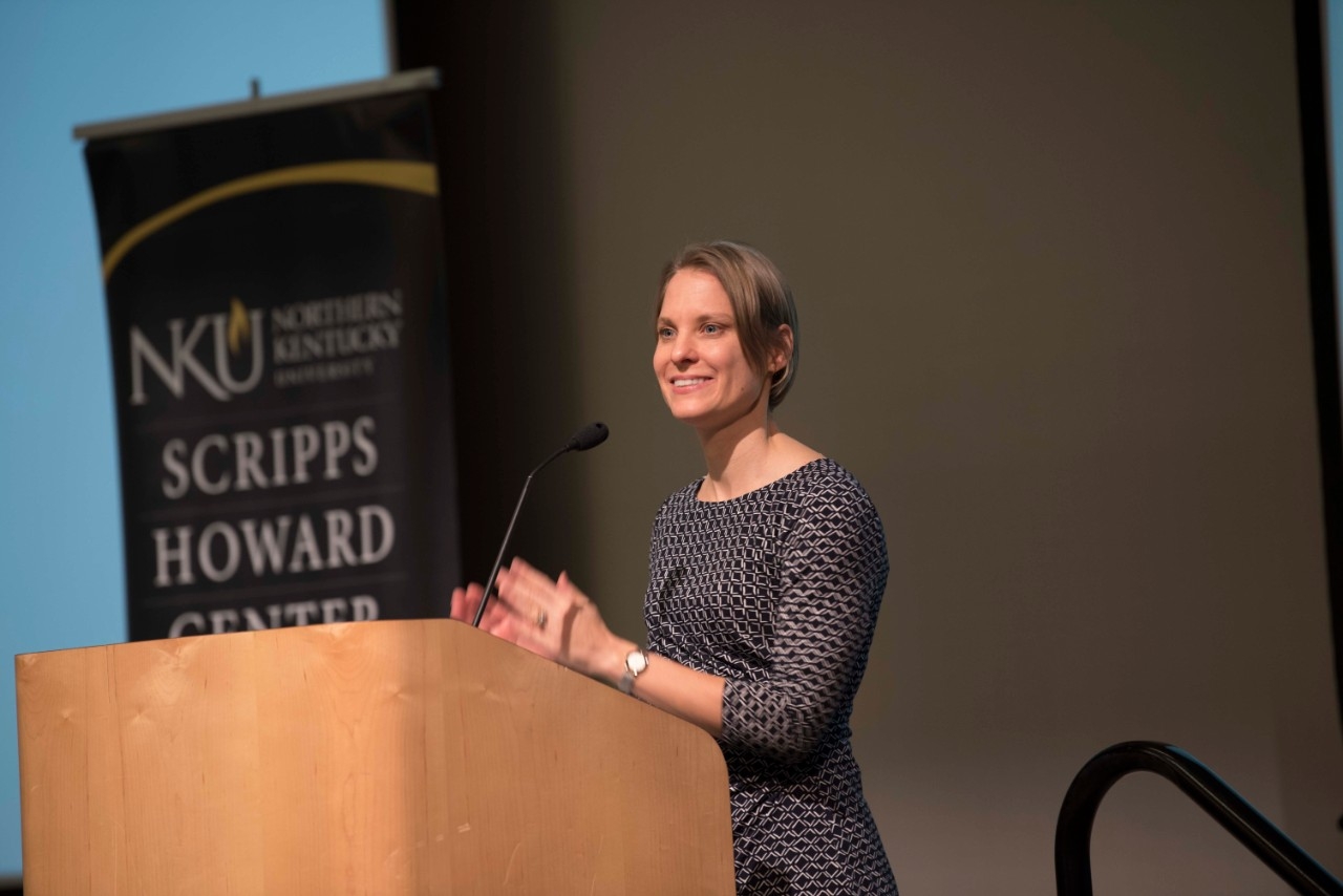 Speaker at podium during the Mayerson grant presentation.