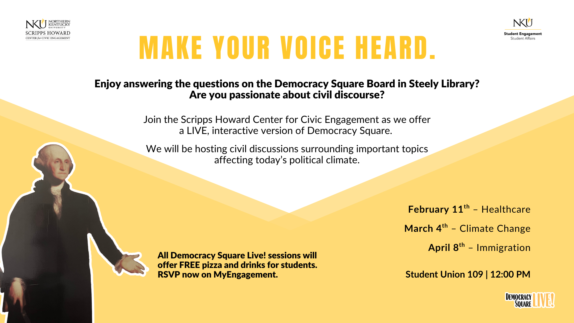 A graphic with information about Democracy Square Live