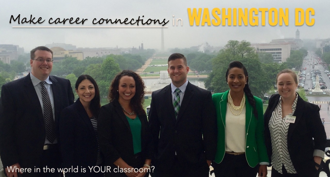 Students in suits with headline Make Career Connections in Washington DC and Where in the world is your classroom?