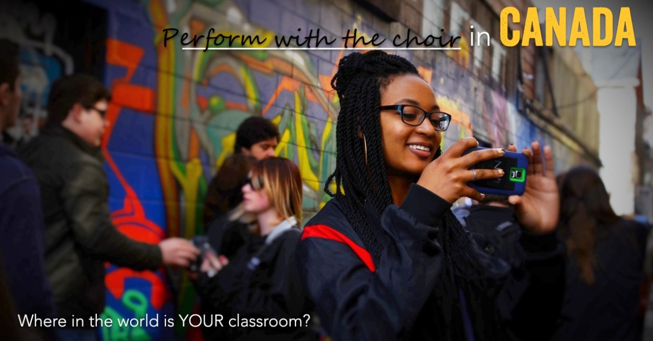 Female student looking at her phone with headline Perform with the Choir in Canada