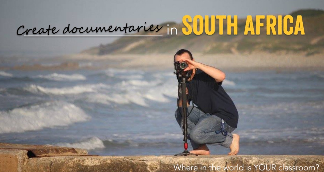 Male student taking photographs with headline Create documentaries in South Africa