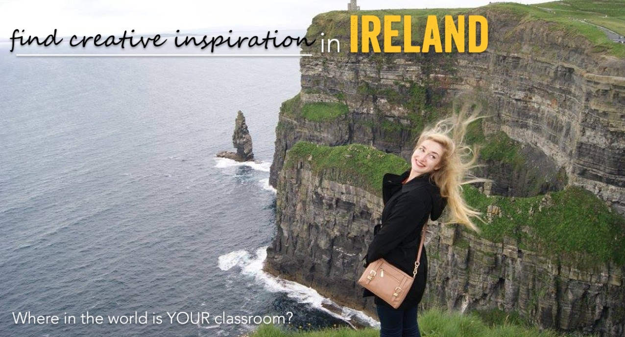 Female student standing on cliff with headline Find Creative Inspirations in Ireland