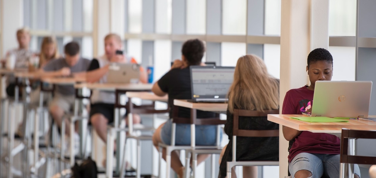 Students sitting at tables working on laptops