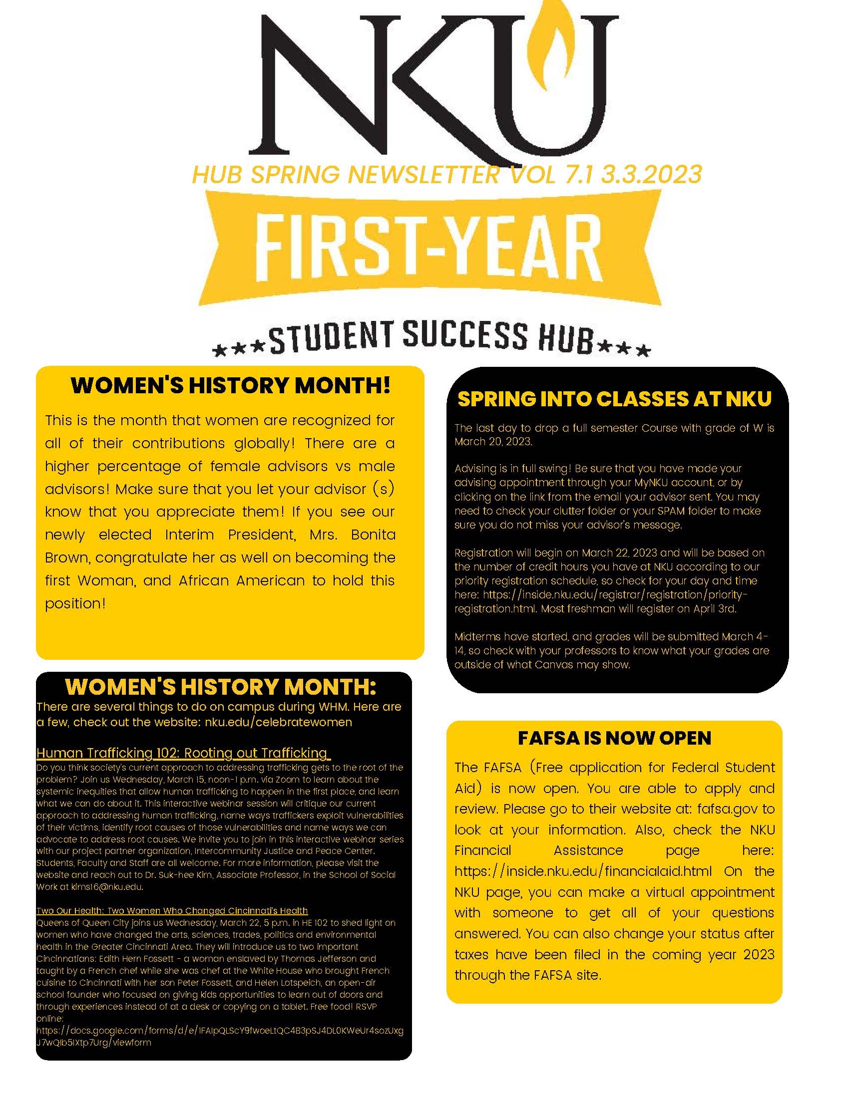 First Year Hub Newsletter for Mar 3 2023 page 1