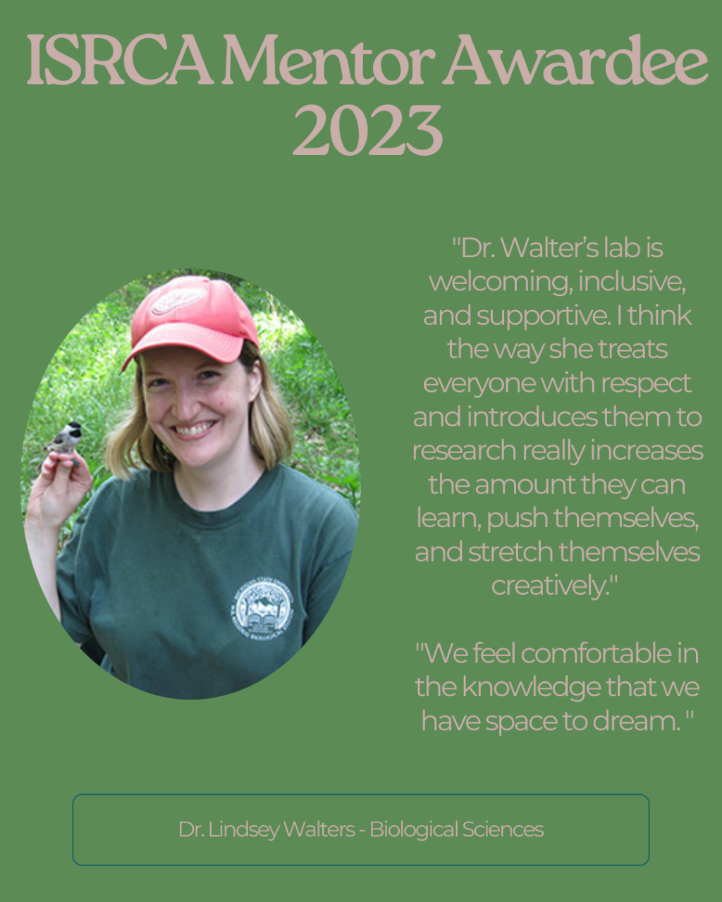 Green sqaure, with a white woman and text about Dr. Walters' lab and selection