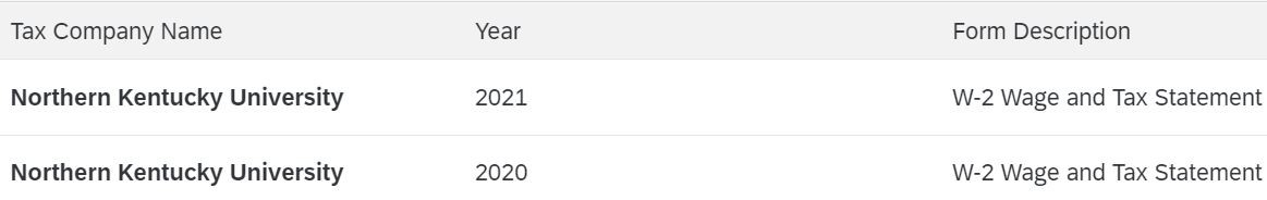 Screenshot of MyNKU listings of previous years W-2s