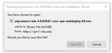 VPN Download Window with options to Save or Cancel.