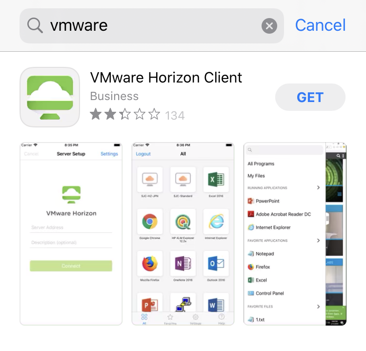 VMware Horizon Client on the Apple App Store.