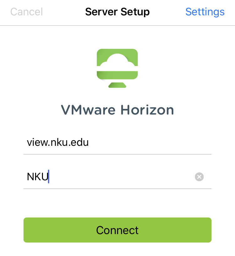 VMware Horizon Client server setup screen.