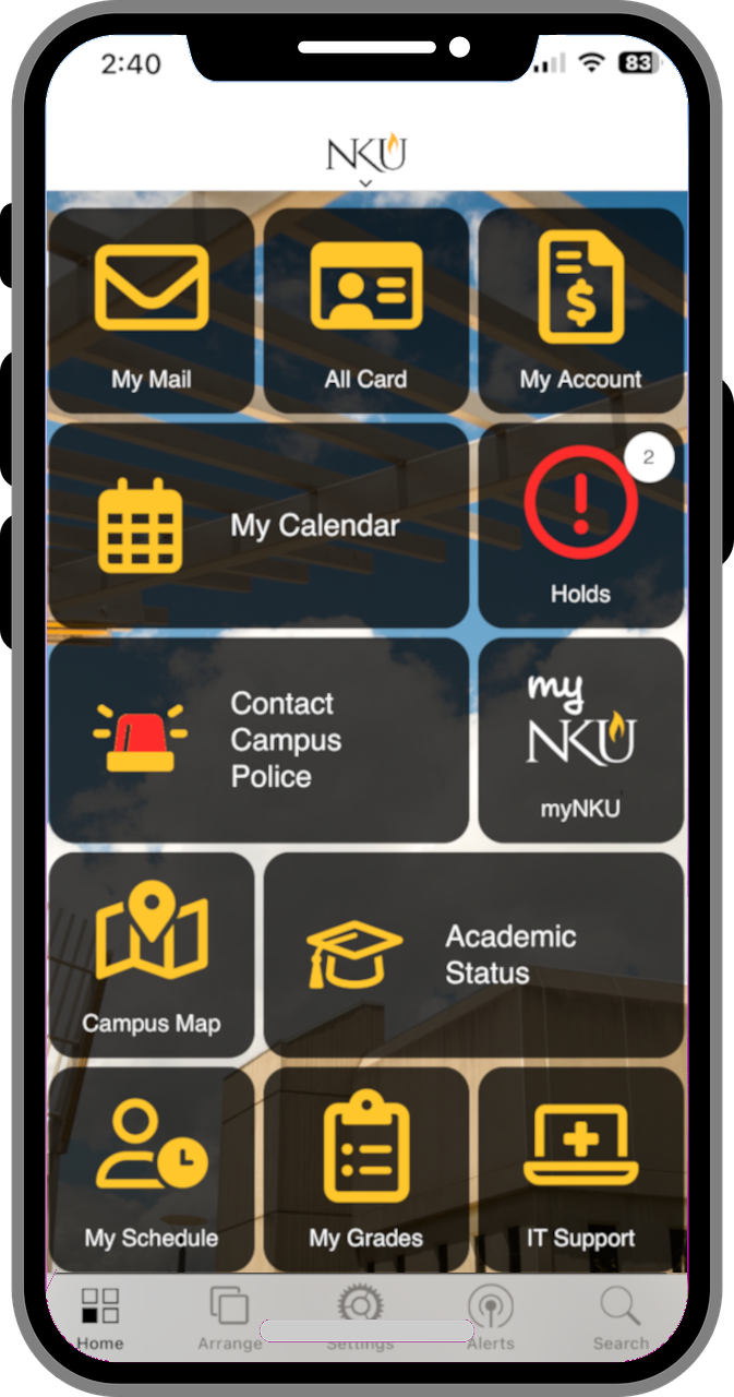 An iPhone showing the NKU Mobile App.