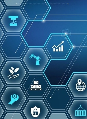 various risk management icons on a honey-comb hexagon background with blue and light blue lines