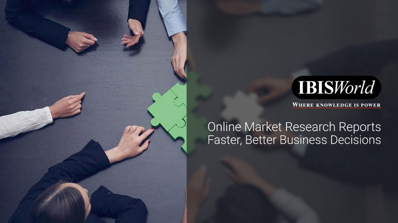 IBISWorld Banner showing multiple people working on a puzzle with words overlay: Online Marketing Research Reports Faster, Better Business Decisions