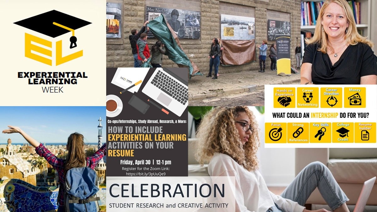 Experiential Learning Week icons from the web page, ELW logo, keynote speaker: Dr. Jenny Shanahan, study abroad, Celebration day, flyer for week wrap-up