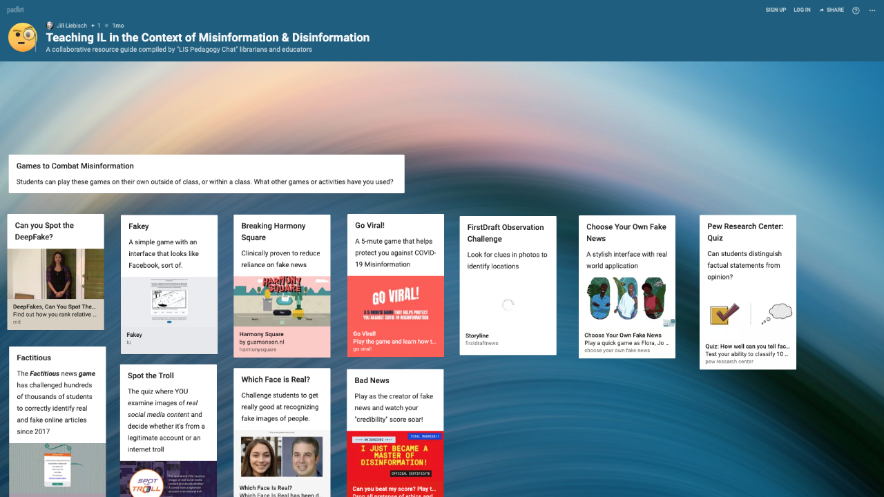 Screen shot of the Teaching Information Literacy within the Context of Misinformation and Disinformation sharing center with various content cards of resources available.