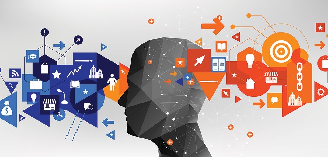 Colorful composite of thoughts and comment bubbles with silhouettes of people thinking, gears, science experiments, etc.