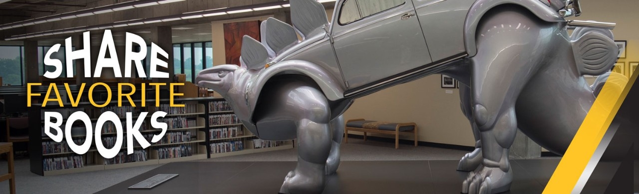 NKU Steely Library Stego Statue with the NKU Students Share Their Favorite Books logo