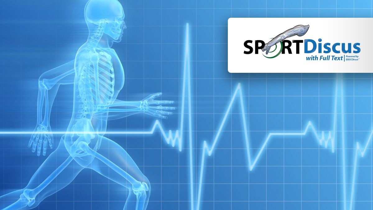 SportDiscus logo with a medical type of image with heartbeat EKG running across the image and a man running