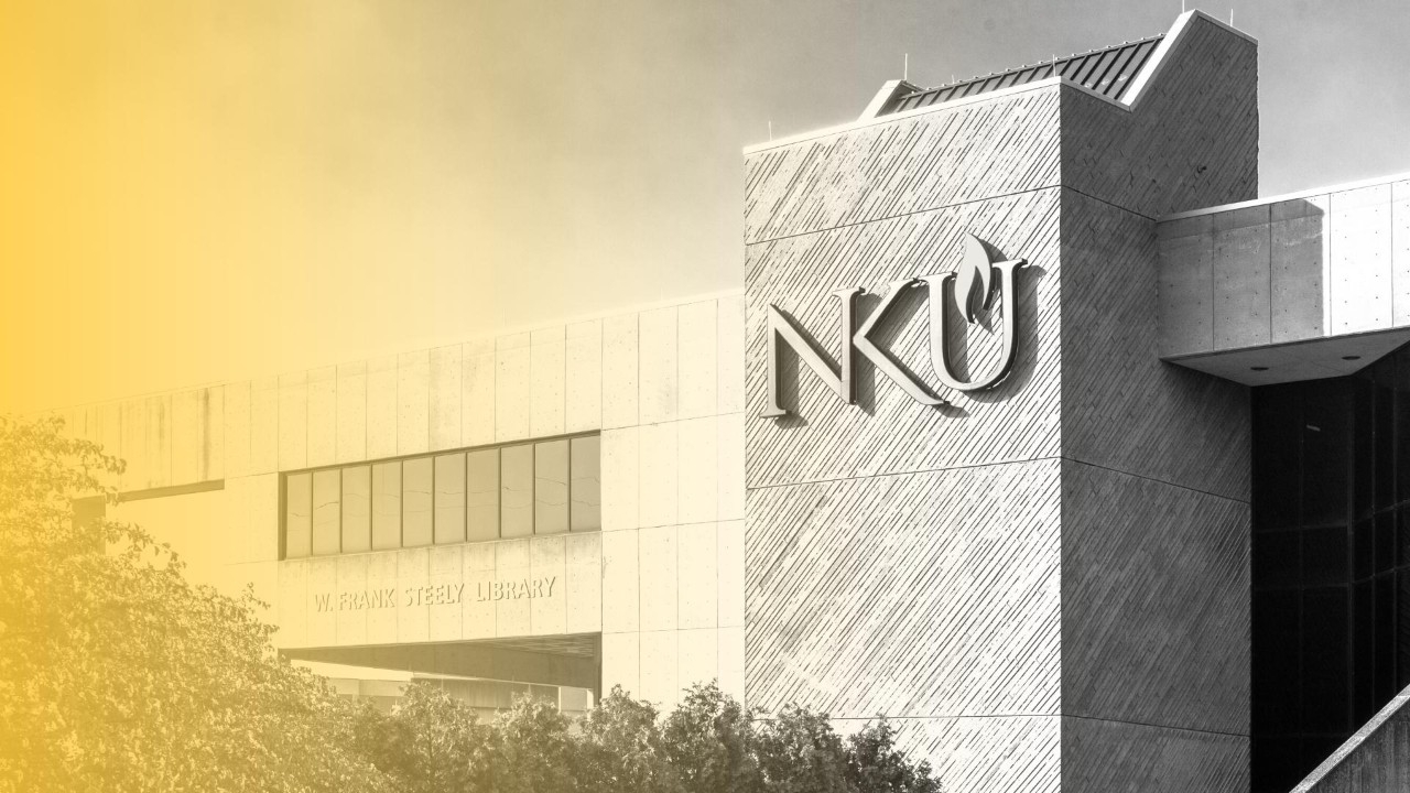 Black and white image of the front exterior of Steely Library with a yellow gradient sweeping from the left to the right 