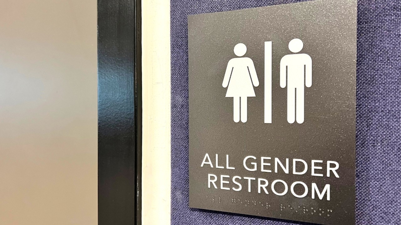 New "All Gender Restroom" signage outside of the recently retrofitted restrooms on the fourth floor.