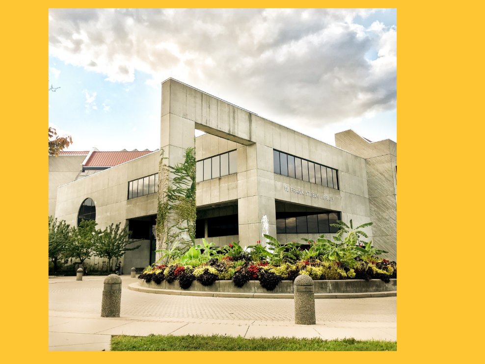 Students walking around the outside of Steely Library