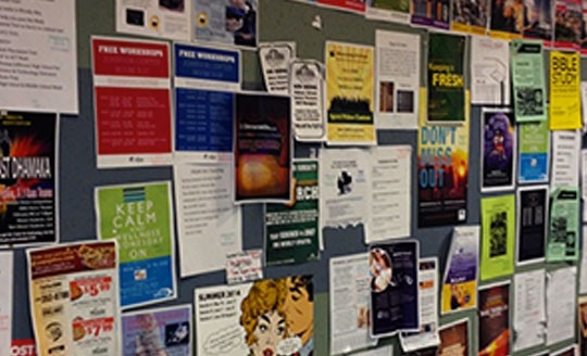 Posters and flyers on a bulletin board