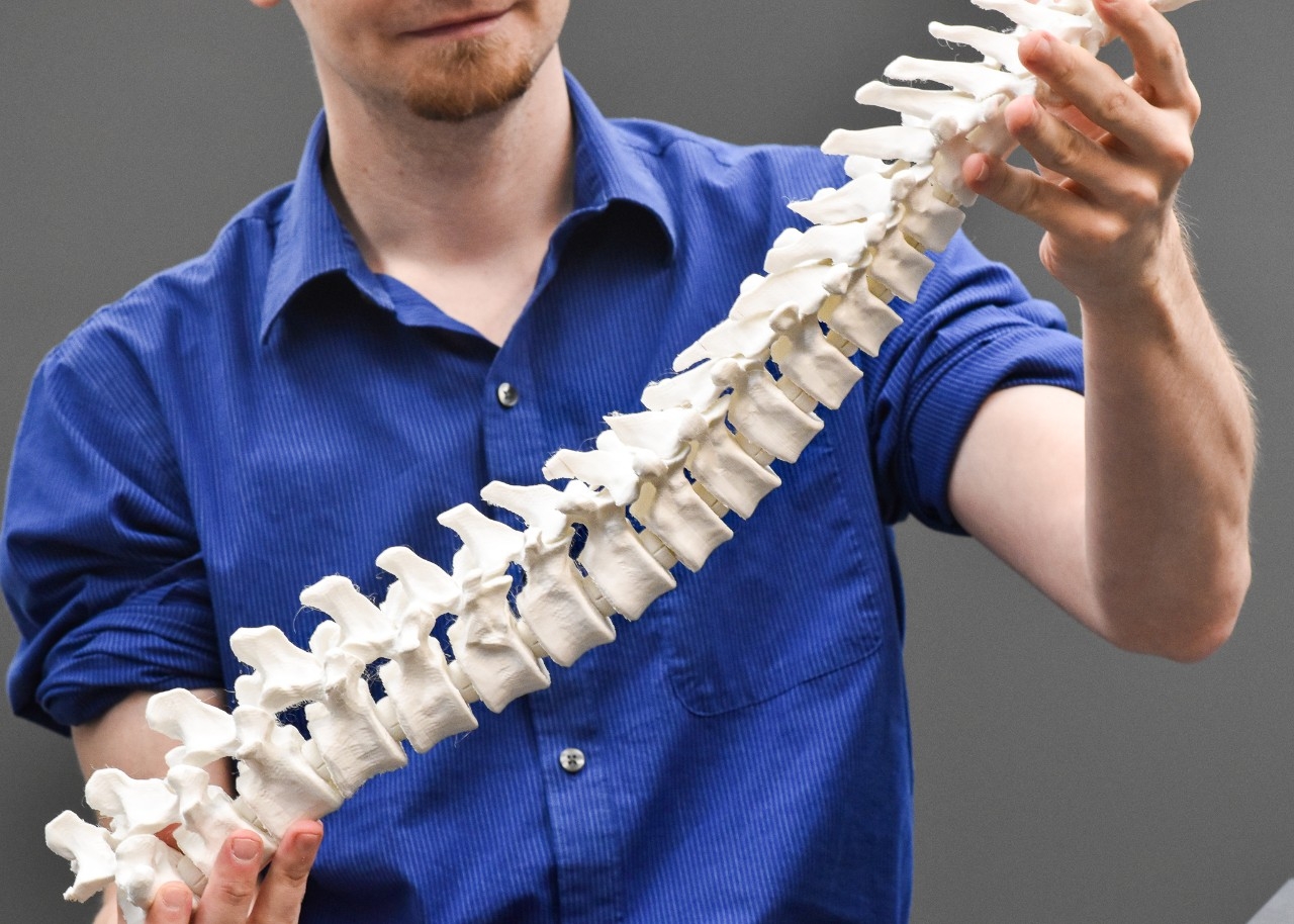 Man holding 3D printed spine.