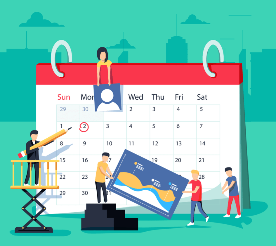 calendar graphic with people adding stuff to a month's page