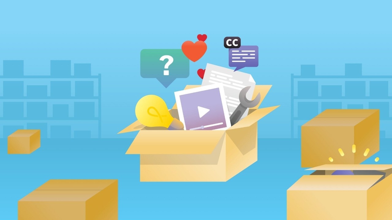 Resources icons in a box such as video, comments, social media, etc.