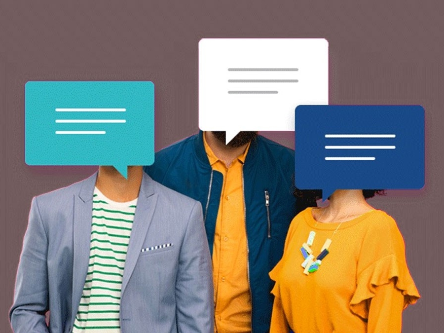 An illustration of people with speaking balloons on their faces