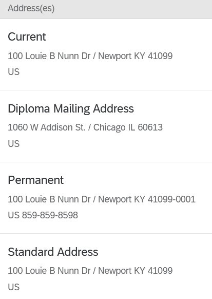 A list of current addresses for a student in myNKU.