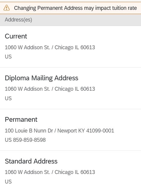A list of current addresses for a student in myNKU.