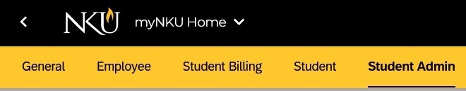 A screenshot of the myNKU menu with 'Student Admin' selected.