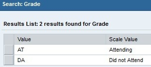 A dialog box with selections of 'AT' and 'DA' for marking attendance or non-attendance of a student in a course.