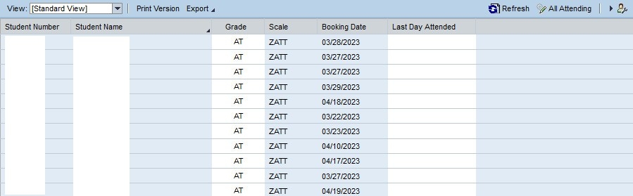 A list of students in a course, with a 'Grade' column for recording attendance.