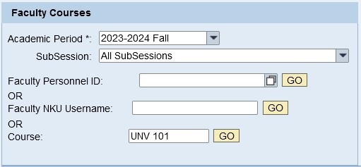 Facutly Courses dialog box with UNV 101 typed in the 'Course' section.