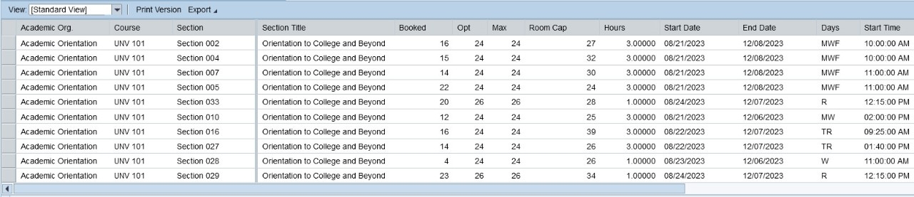 A list of UNV 101 sections in myNKU.