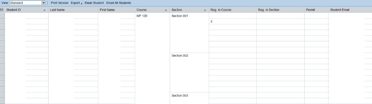 A list of INF 120 students with names, ID numbers, and email addresses hidden, in myNKU.