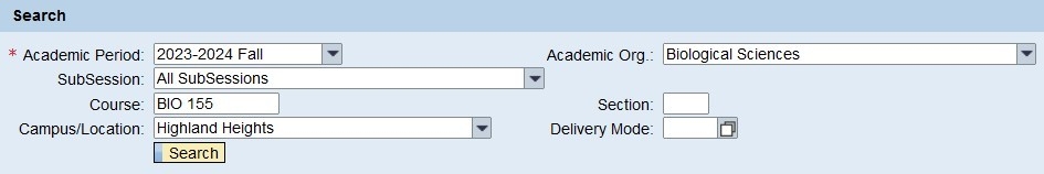 Search dialog box in myNKU with various aspects of a course to search for.