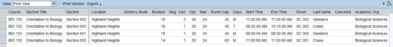 A list of BIO 155 sections in myNKU.