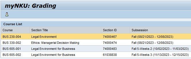A course list for a professor in myNKU.