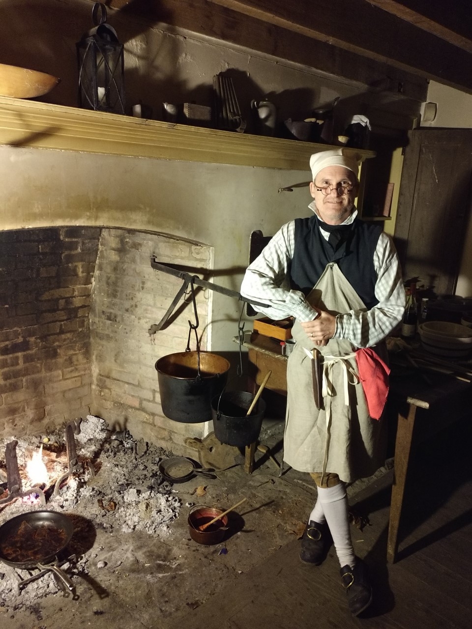 Steve Preston at his quarterly “Hearth Dinners” event where he cooks 18th and early 19th century foods in their 1804 kitchen for the public. The most popular and requested dish is the beef steak pie from the 1790s.