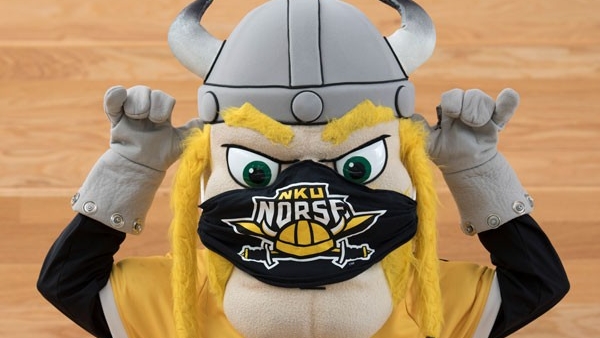 Victor E. Viking wearing a mask