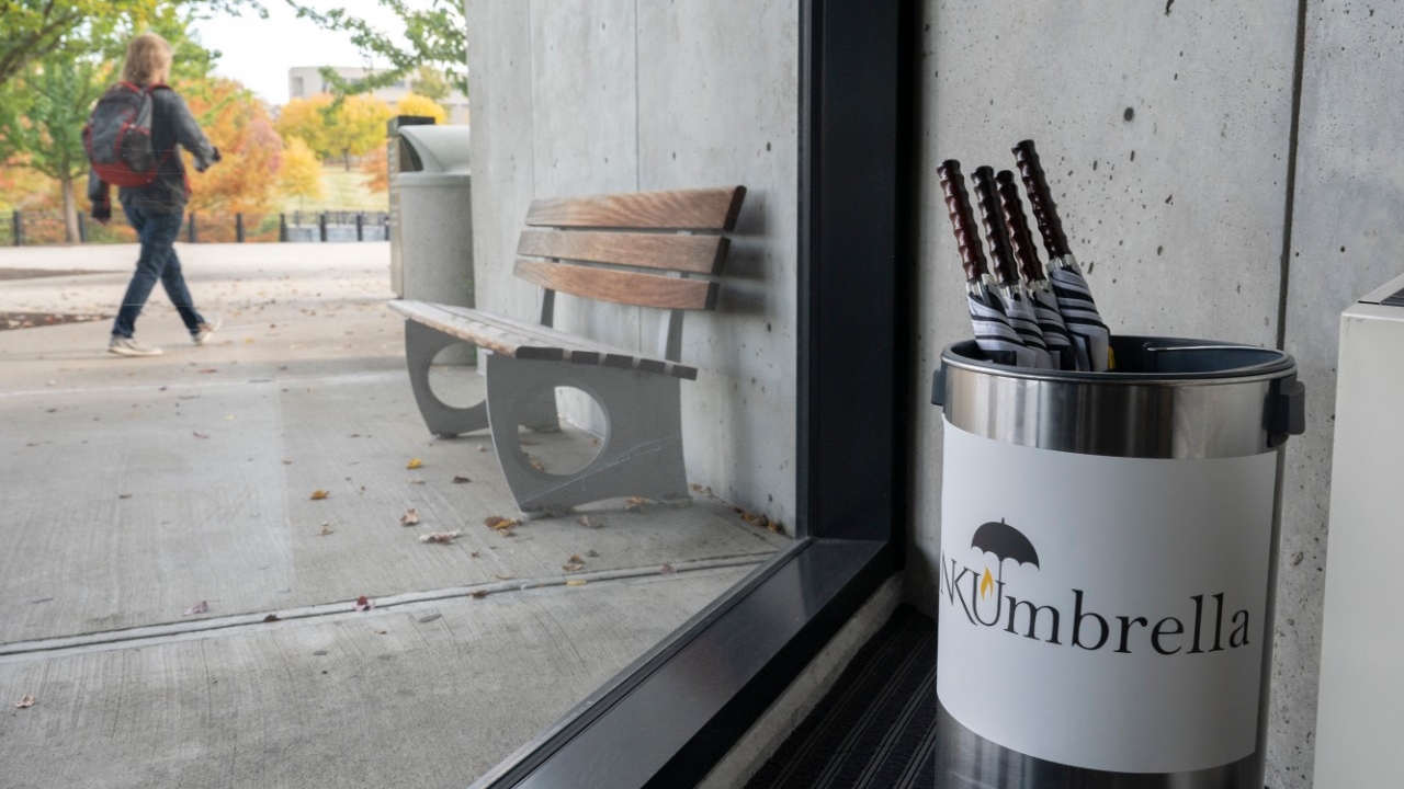 A bucket of Umbrellas in the University Center lobby