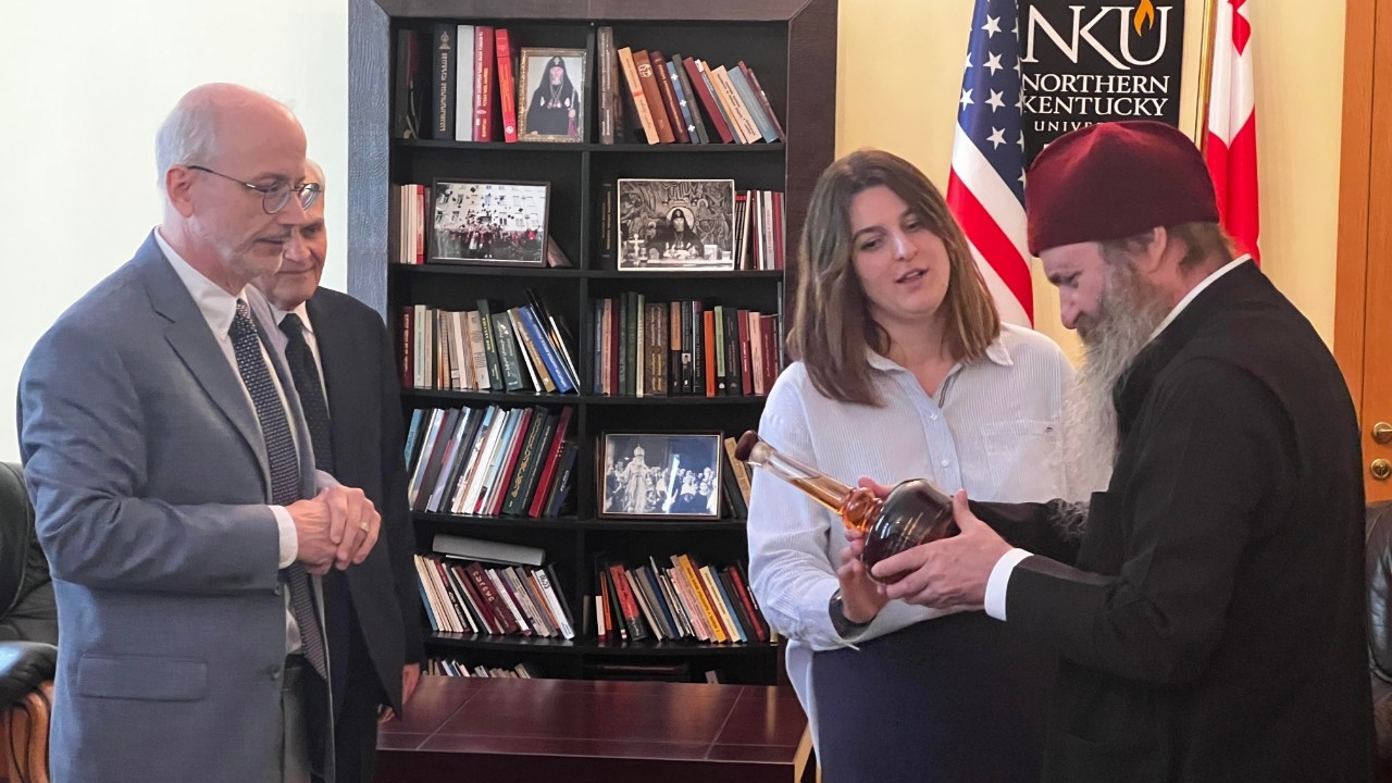  Dean Kirby and archbishop Iakob on NKU's campus