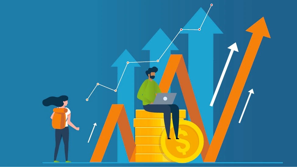 2D design of arrows on charts and two people doing work on a computer